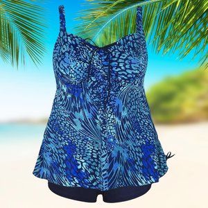 Plus Swim Tankini Set Womens Size 16 Blue Animal Print Swimwear